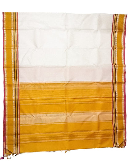 Handloom Pure Silk Saree - White and Yellow Kanjeevaram - Luxurion World