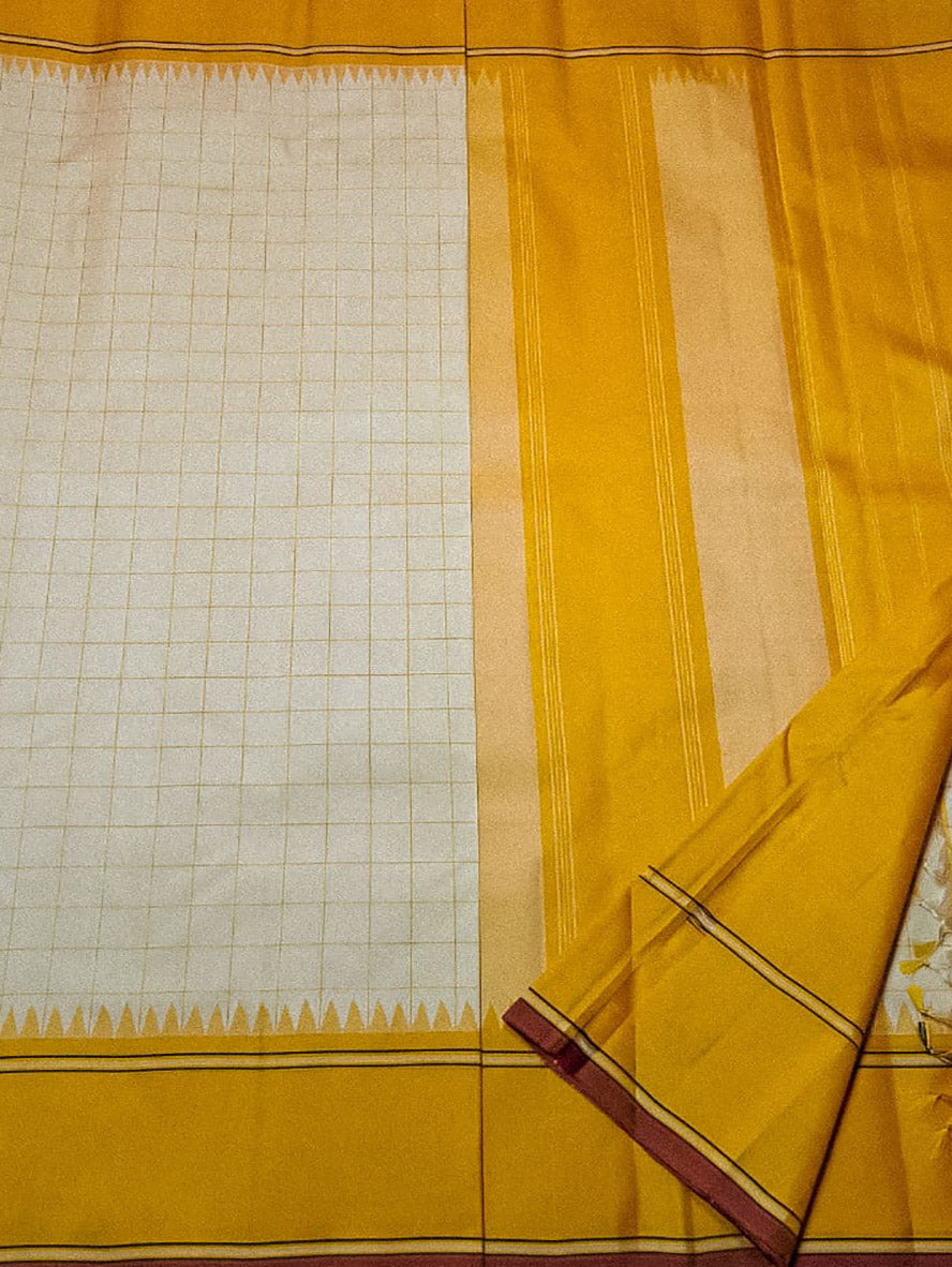 White And Yellow Kanjeevaram Handloom Pure Silk Saree