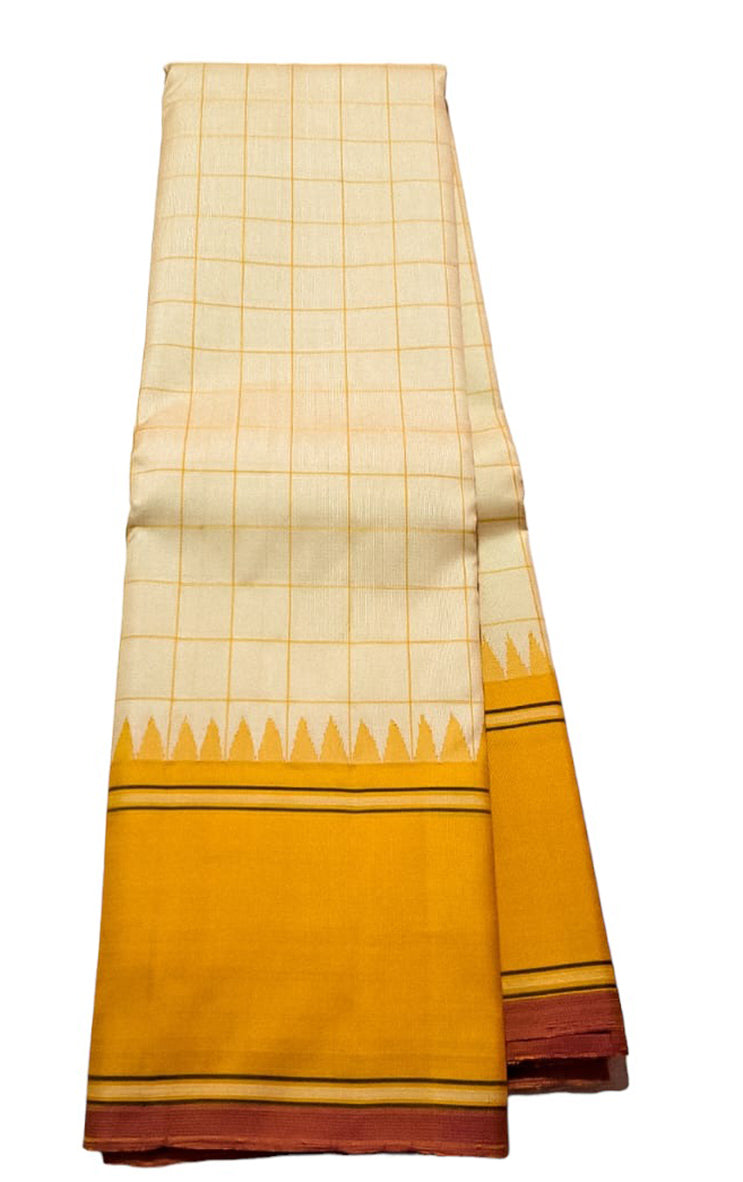 White And Yellow Kanjeevaram Handloom Pure Silk Saree - Luxurion World