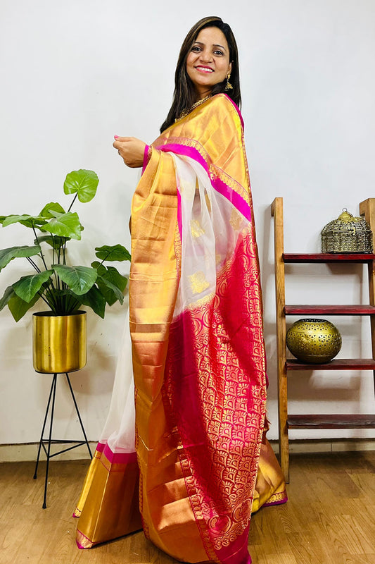 Off White And Pink Handloom Kanjeevaram Pure Organza Silk Saree - Luxurion World