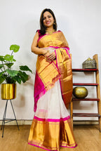 Off White And Pink Handloom Kanjeevaram Pure Organza Silk Saree - Luxurion World