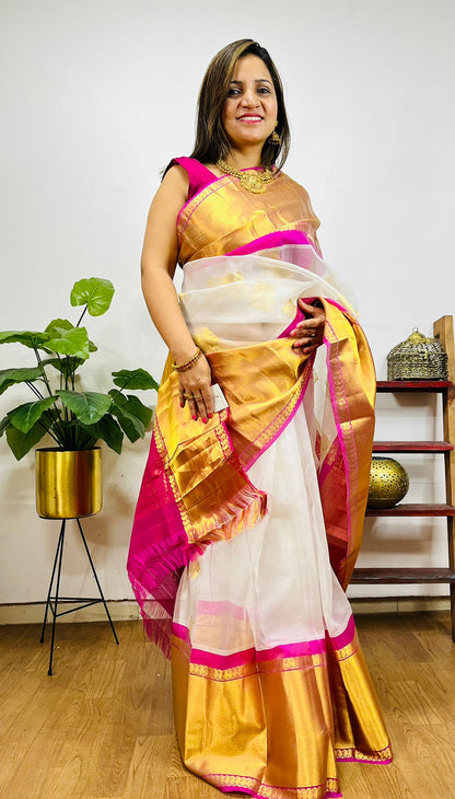 Off White And Pink Handloom Kanjeevaram Pure Organza Silk Saree
