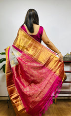 Off White And Pink Handloom Kanjeevaram Pure Organza Silk Saree - Luxurion World