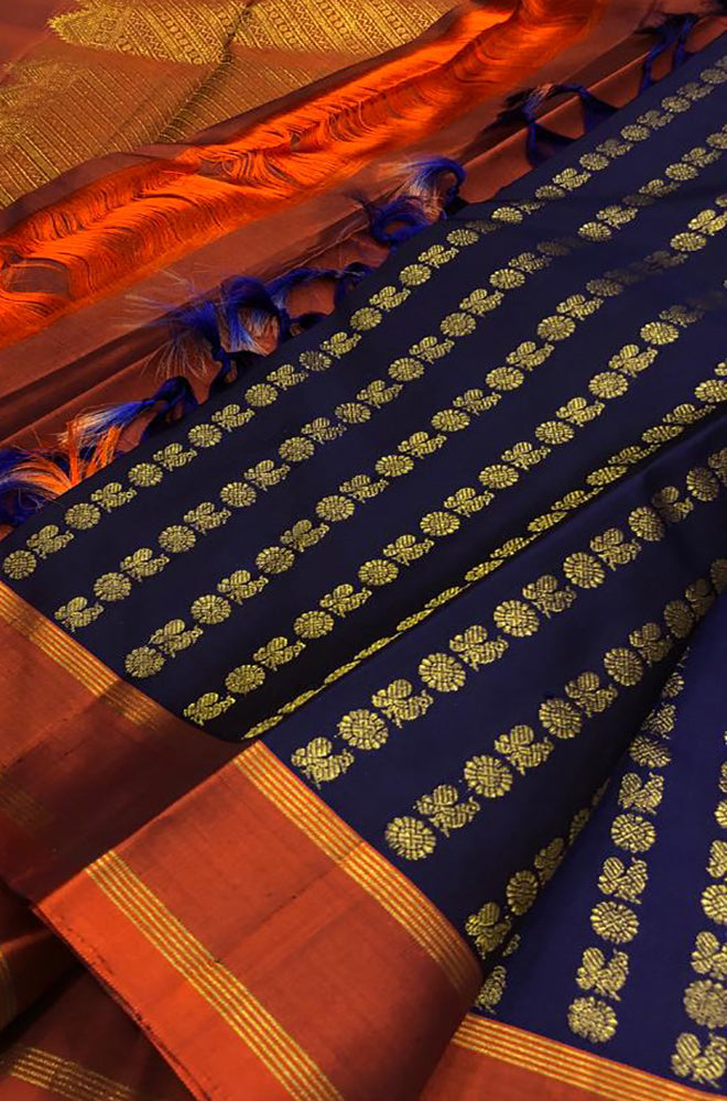 Blue Handloom Kanjeevaram Pure Silk Saree - Luxurion World
