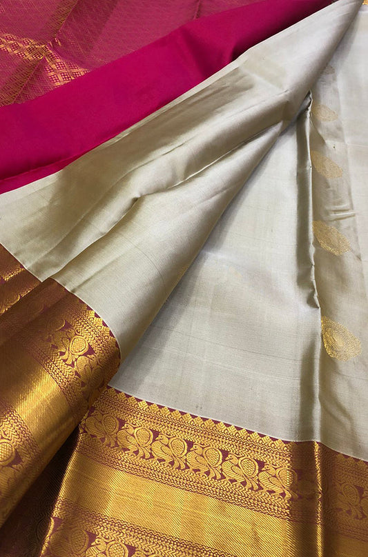 Grey Handloom Kanjeevaram Pure Silk Saree - Luxurion World