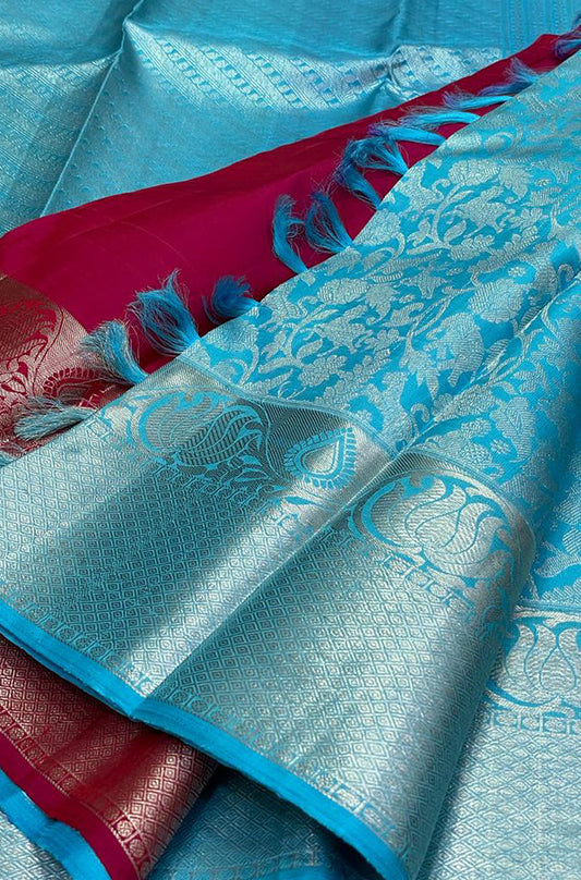 Blue Handloom Kanjeevaram Pure Silk Saree - Luxurion World