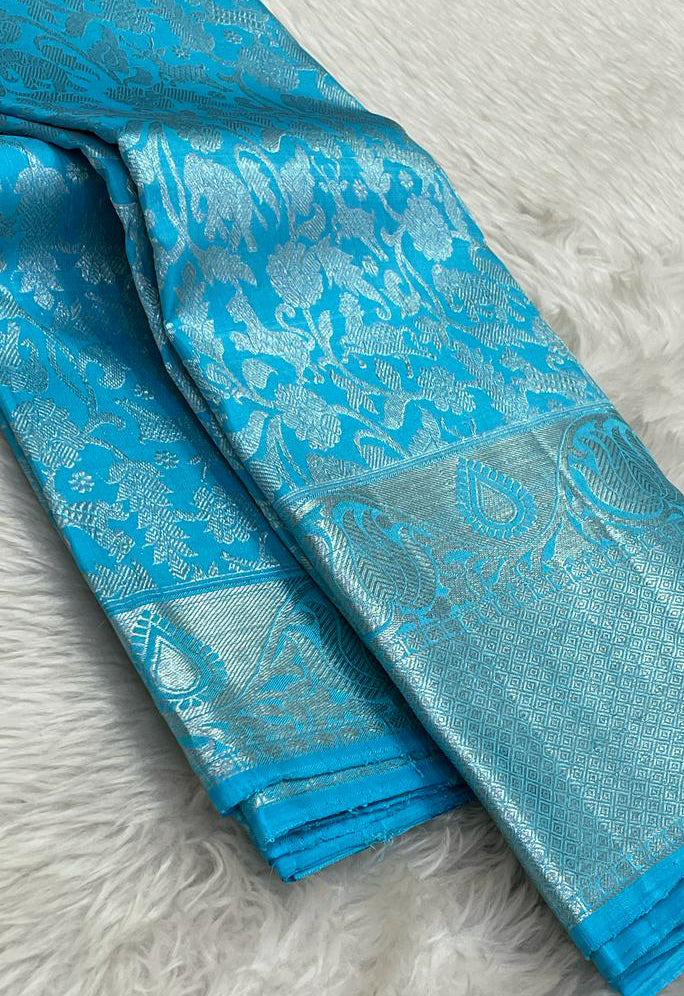 Blue Handloom Kanjeevaram Pure Silk Saree - Luxurion World
