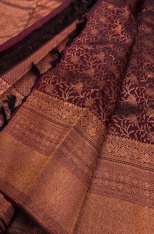 Brown Handloom Kanjeevaram Pure Silk Saree - Luxurion World