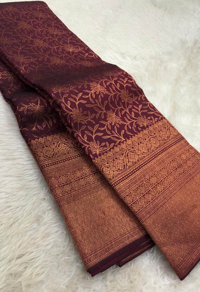 Brown Handloom Kanjeevaram Pure Silk Saree - Luxurion World