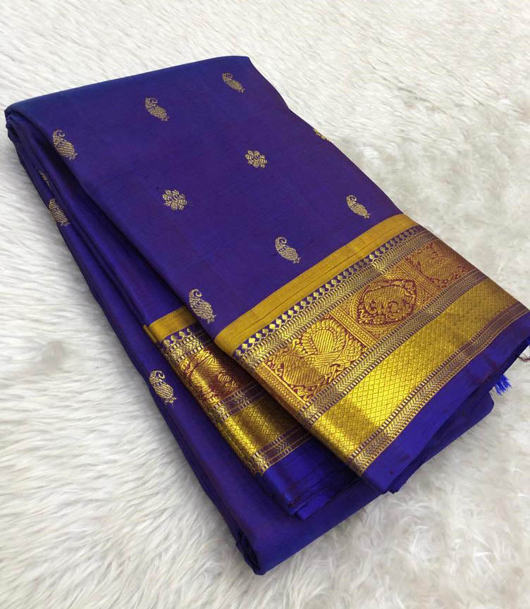 Blue Handloom Kanjeevaram Pure Silk Saree - Luxurion World