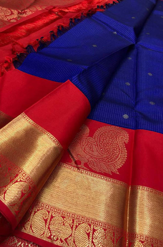 Blue Handloom Kanjeevaram Pure Silk Saree - Luxurion World