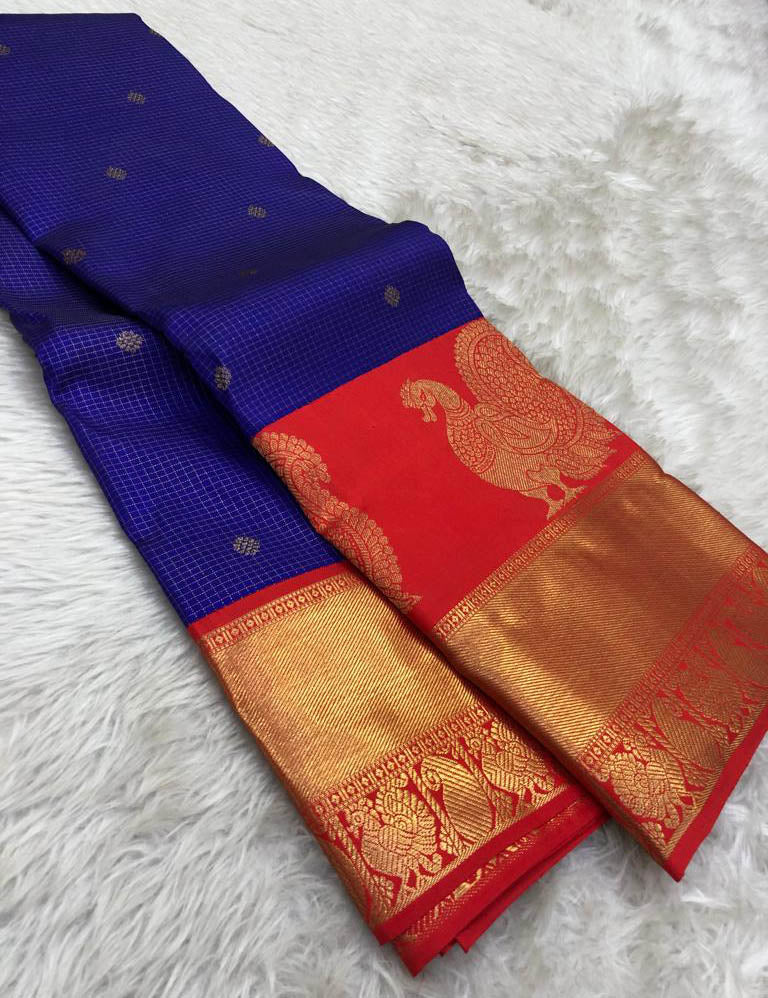 Blue Handloom Kanjeevaram Pure Silk Saree - Luxurion World