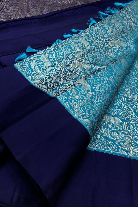 Blue Kanjeevaram Handloom Pure Silk Elephant Design Saree - Luxurion World