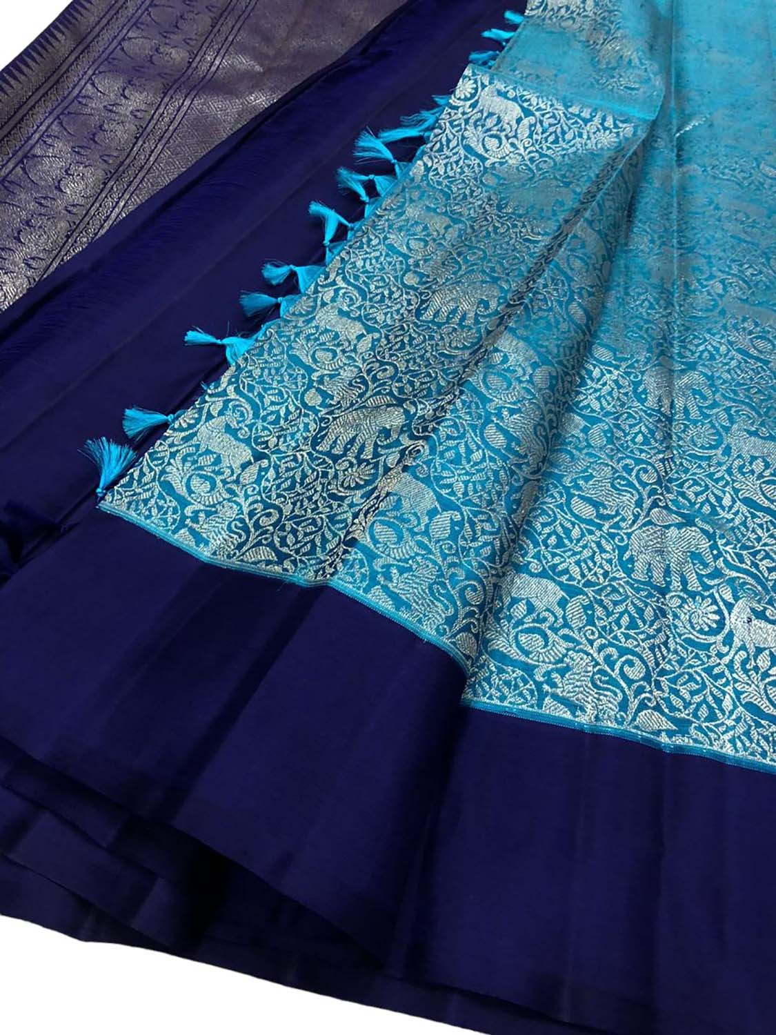 Blue Kanjeevaram Handloom Pure Silk Elephant Design Saree - Luxurion World