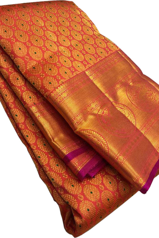 Shop the Pure Elegance of Orange and Pink Kanjeevaram Silk Saree - Luxurion World