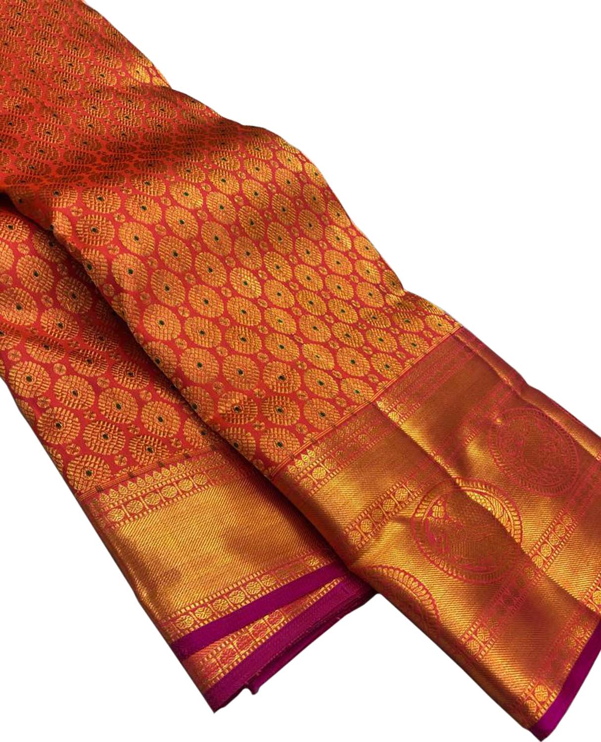 Shop the Pure Elegance of Orange and Pink Kanjeevaram Silk Saree - Luxurion World