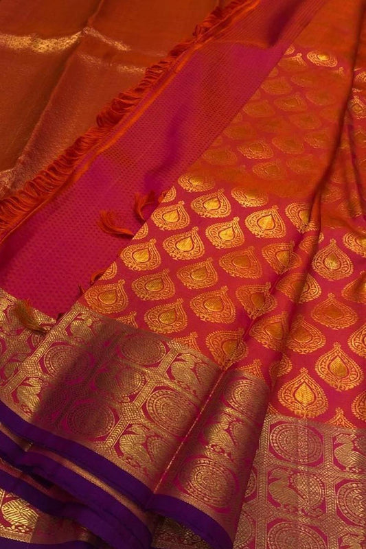 Pink And Orange Shot Kanjeevaram Handloom Pure Silk Saree - Luxurion World
