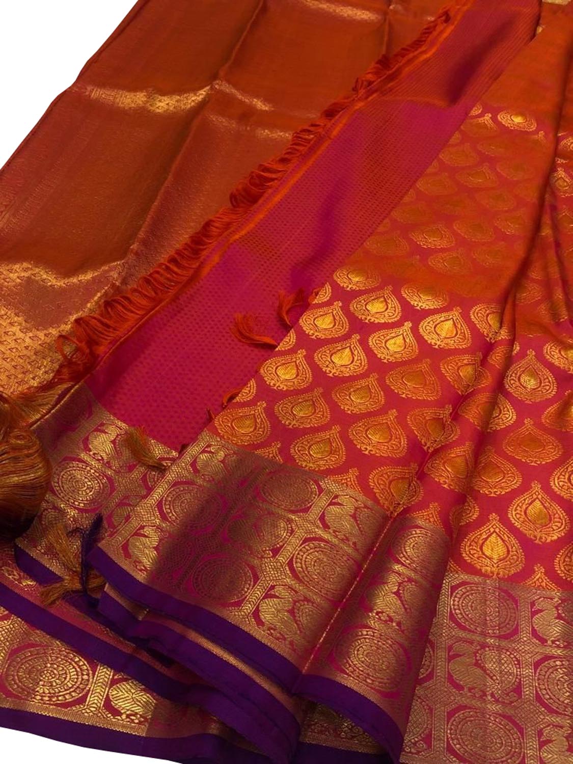 Pink And Orange Shot Kanjeevaram Handloom Pure Silk Saree - Luxurion World