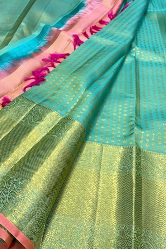 Blue Kanjeevaram Handloom Pure Silk Saree - Luxurion World