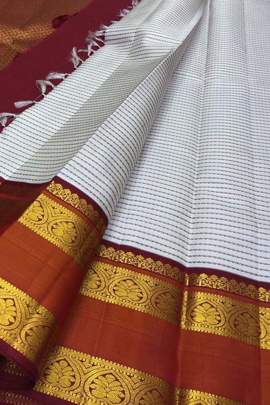 Off White Kanjeevaram Handloom Pure Silk Saree - Luxurion World
