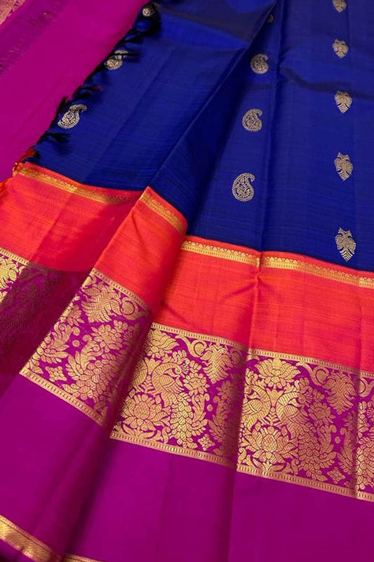 Blue Kanjeevaram Handloom Pure Silk Saree - Luxurion World