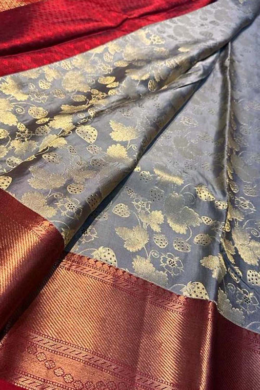 Grey Kanjeevaram Handloom Pure Silk Saree - Luxurion World