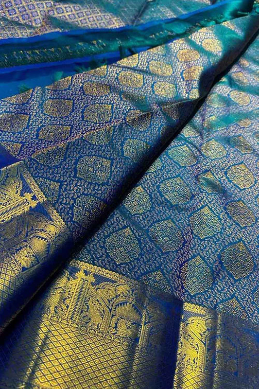 Blue Kanjeevaram Handloom Pure Silk Saree - Luxurion World