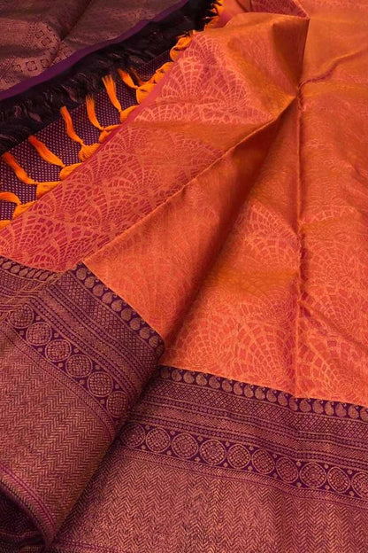 Orange Kanjeevaram Handloom Pure Silk Saree - Luxurion World