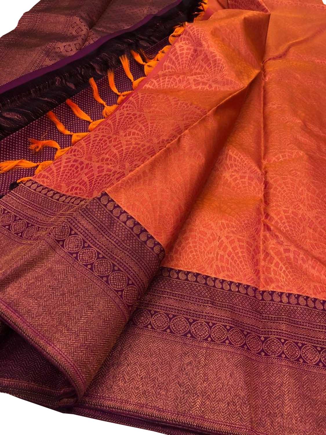Orange Kanjeevaram Handloom Pure Silk Saree - Luxurion World