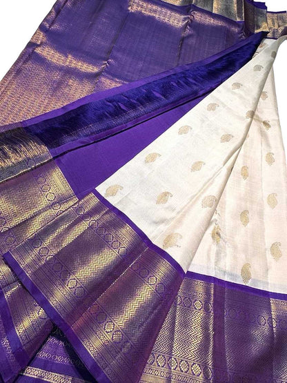 Off White Kanjeevaram Handloom Pure Silk Saree - Luxurion World