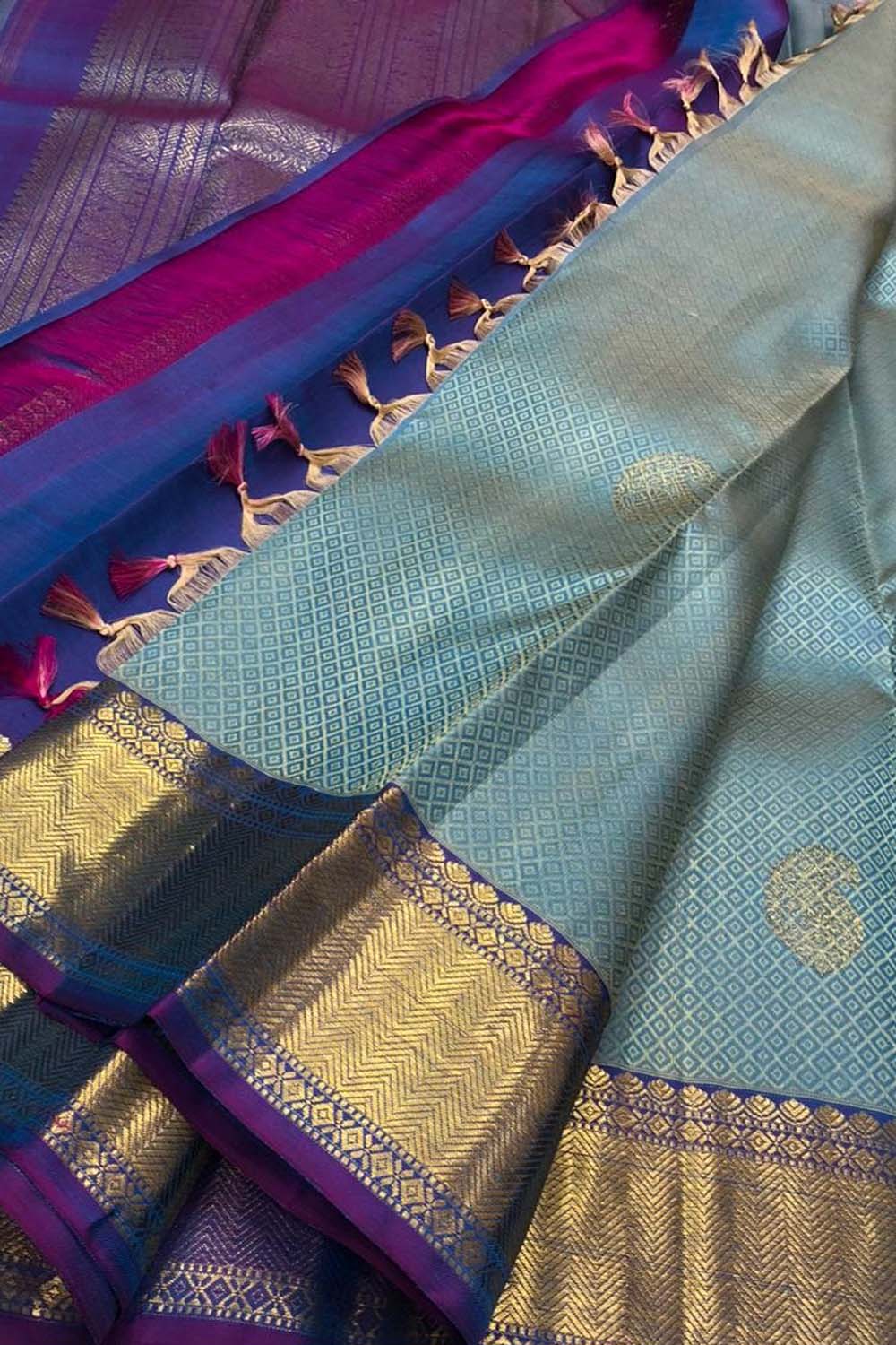 Blue Kanjeevaram Handloom Pure Silk Saree - Luxurion World