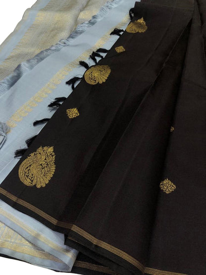 Black Kanjeevaram Handloom Pure Silk Saree - Luxurion World