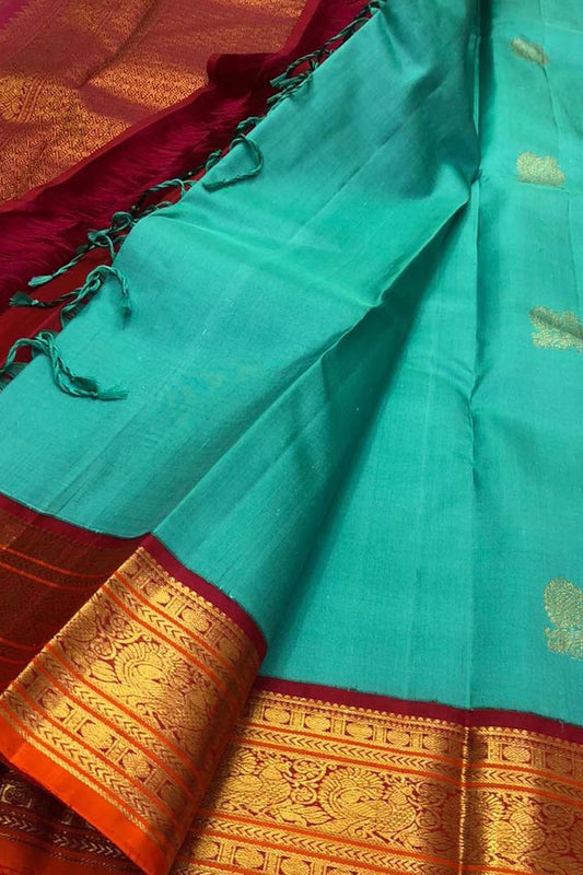 Blue Kanjeevaram Handloom Pure Silk Saree - Luxurion World