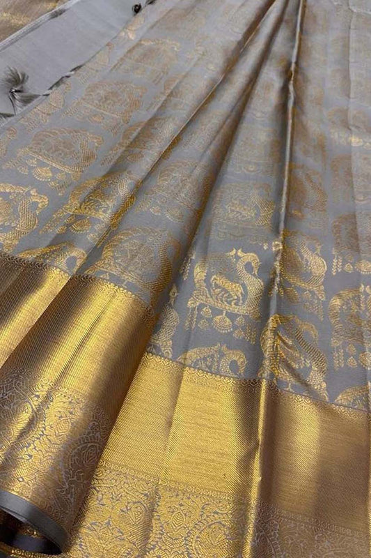 Elegant Grey Kanjeevaram Handloom Pure Silk Saree