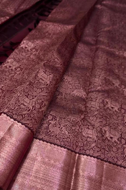 Elegant Maroon Kanjeevaram Handloom Pure Silk Saree - Luxurion World