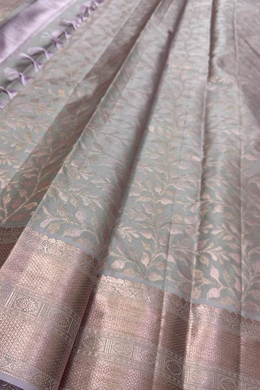 Elegant Grey Kanjeevaram Handloom Pure Silk Saree - Luxurion World