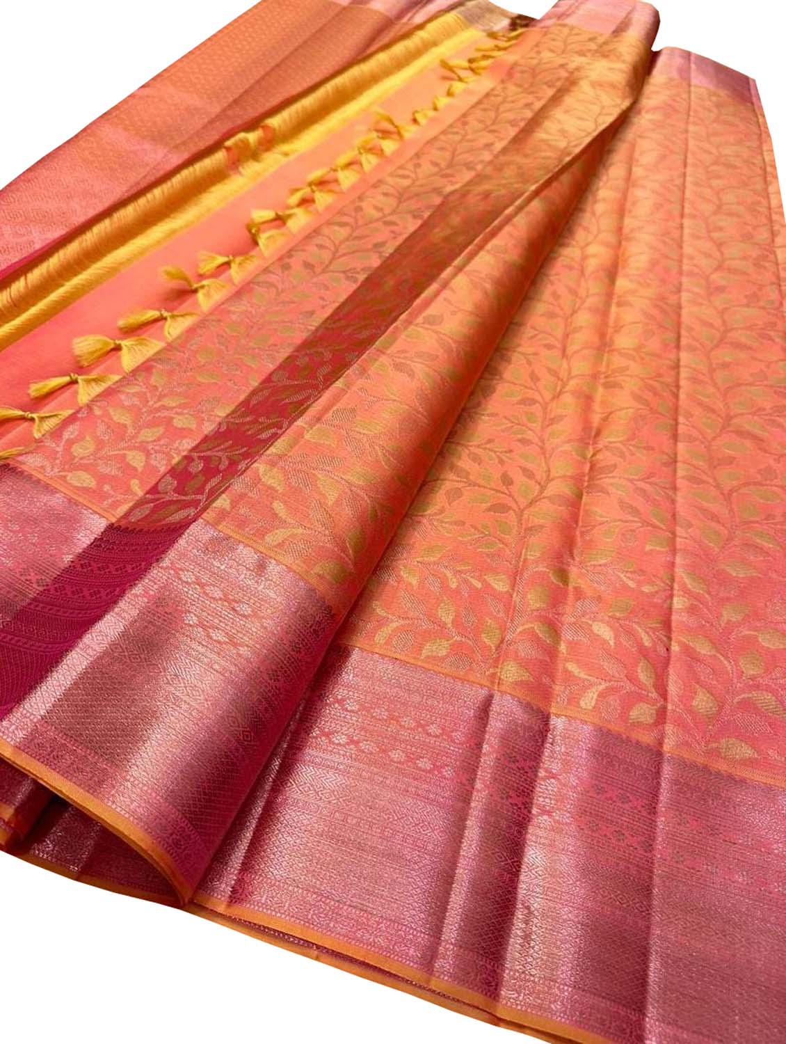 Vibrant Orange and Pink Kanjeevaram Handloom Pure Silk Saree - Luxurion World