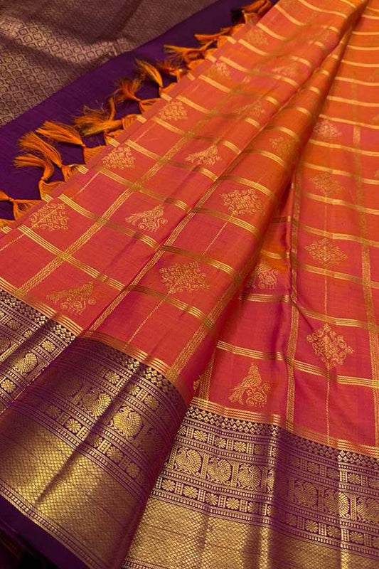 Vibrant Pink & Orange Kanjeevaram Handloom Silk Saree: Pure Elegance - Luxurion World
