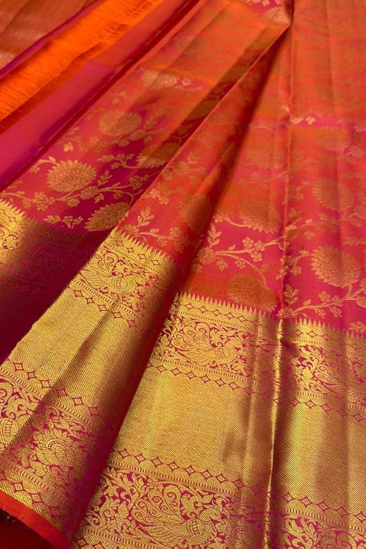 Exquisite Pink & Orange Kanjeevaram Handloom Pure Silk Saree - Luxurion World