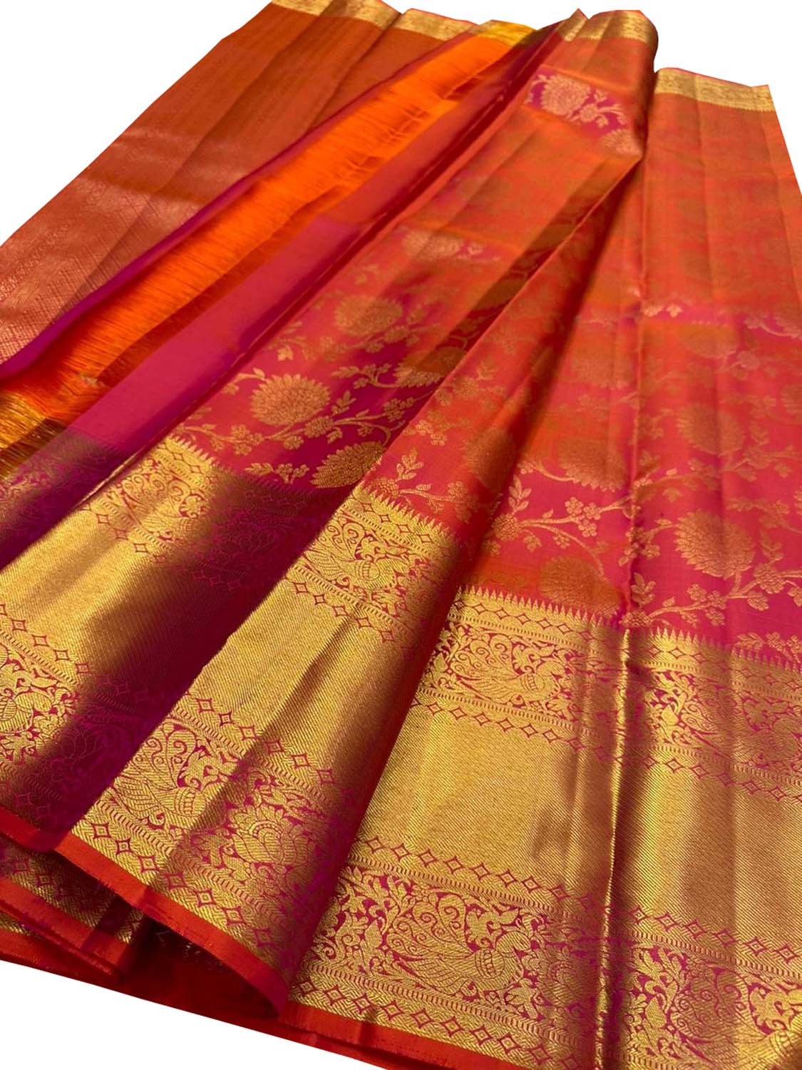 Exquisite Pink & Orange Kanjeevaram Handloom Pure Silk Saree - Luxurion World