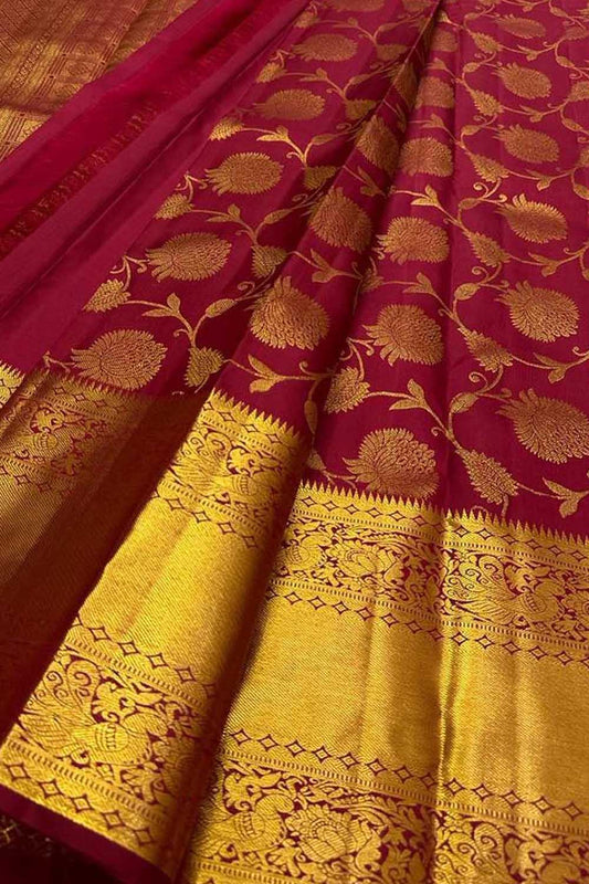 Elegant Maroon Kanjeevaram Handloom Pure Silk Saree - Luxurion World