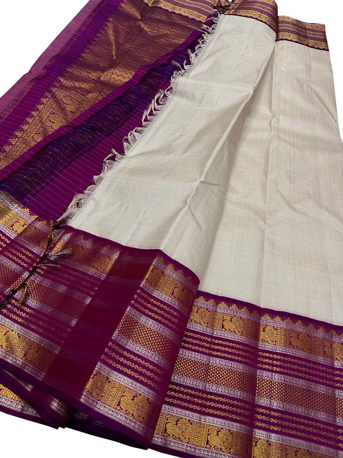 Elegant Off White Kanjeevaram Handloom Pure Silk Saree - Luxurion World