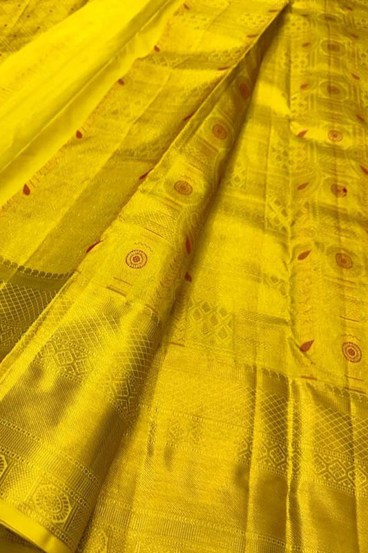 Yellow Kanjeevaram Handloom Pure Silk Saree - Luxurion World