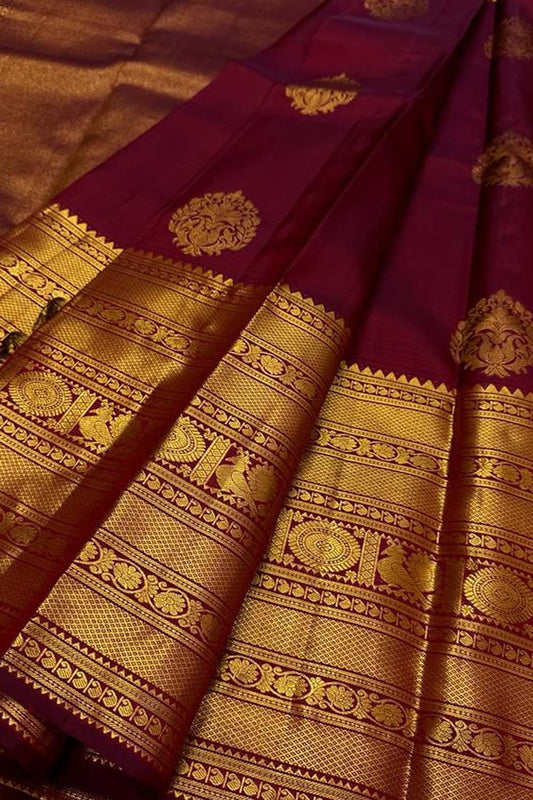 Elegant Maroon Kanjeevaram Handloom Pure Silk Saree - Luxurion World