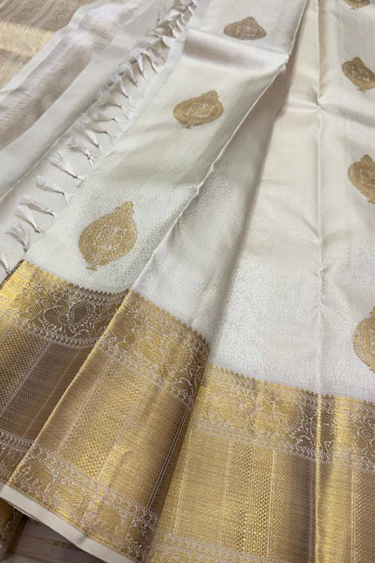 Elegant Off White Kanjeevaram Handloom Pure Silk Saree - Luxurion World