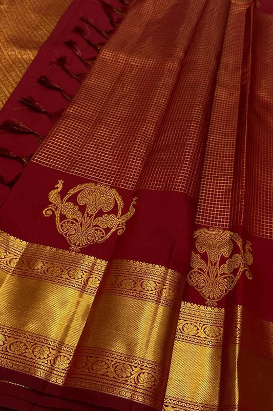 Elegant Maroon Kanjeevaram Handloom Pure Silk Saree - Luxurion World