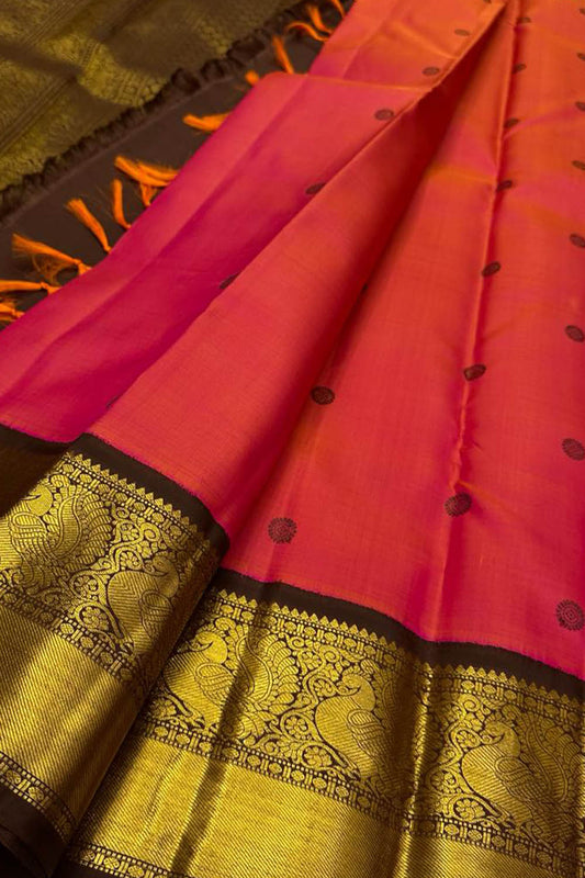 Vibrant Pink & Orange Handloom Kanjeevaram Silk Saree - Luxurion World
