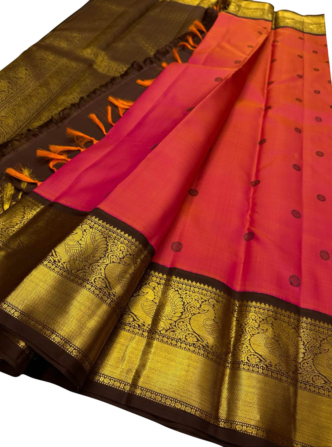 Vibrant Pink & Orange Handloom Kanjeevaram Silk Saree - Luxurion World