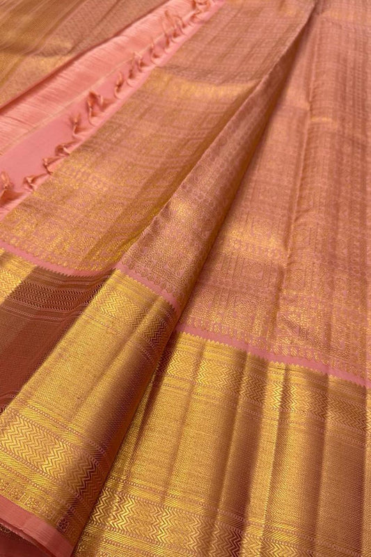 Peach Handloom Kanjeevaram Pure Silk Saree - Elegant and Luxurious - Luxurion World
