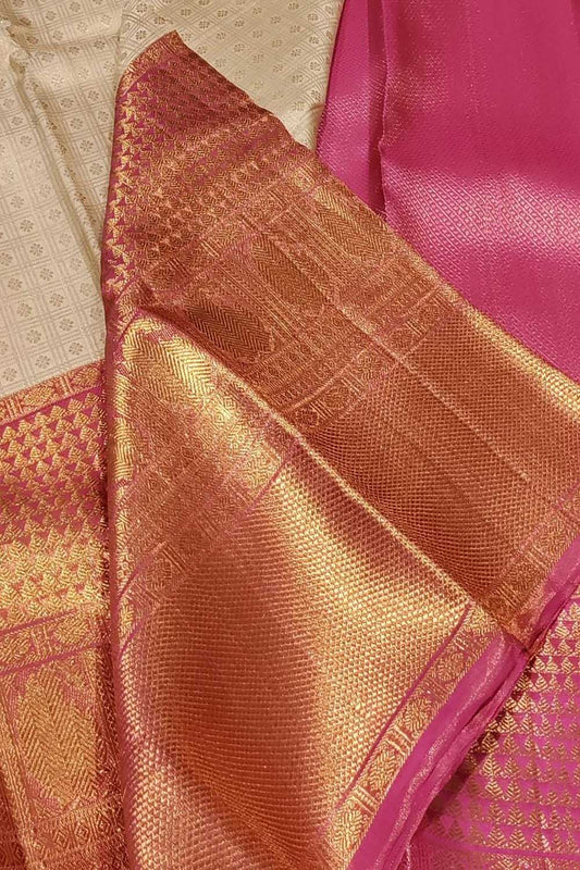 Off White Handloom Kanjeevaram Pure Silk Saree - Luxurion World